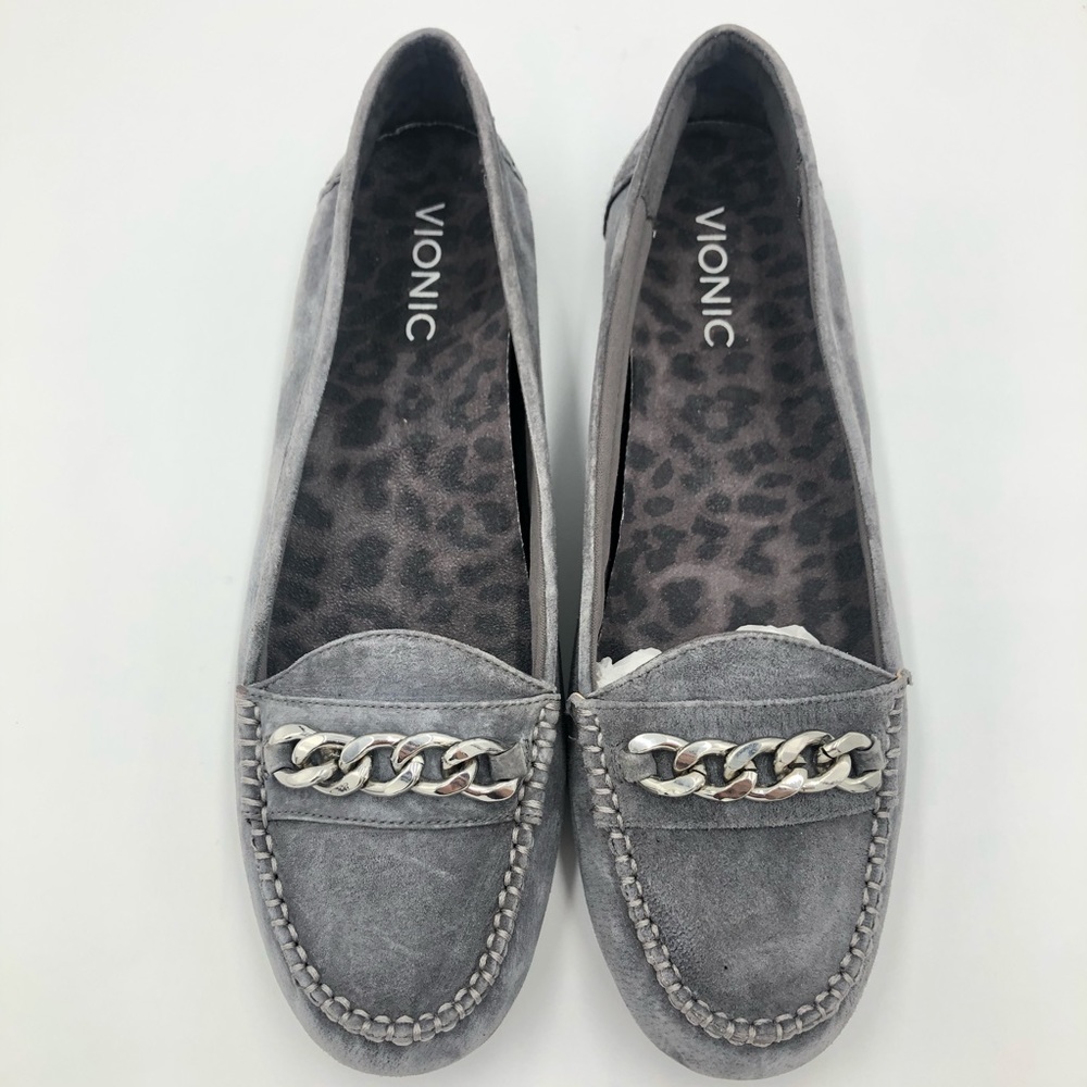 Vionic Gray Loafers with Silver Chain Detail